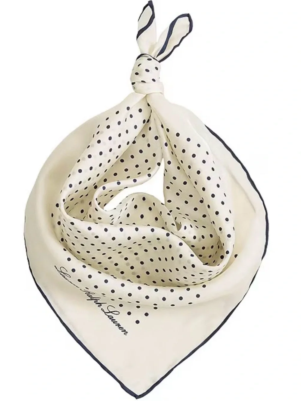 Ralph Lauren Cream Silk Polka Dot Scarf with Navy Trim